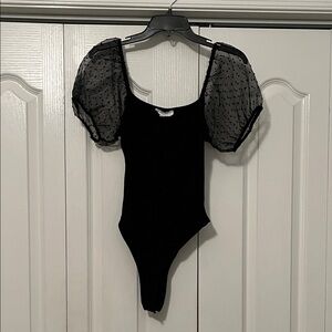 Peach Love California Black Sheer Puff Sleeve Bodysuit